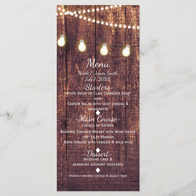 Menu Mariage campagnard Rustic Wood & String Light (Devant)