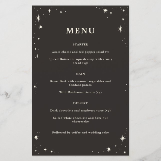 Menu mariage céleste de tarte au boho (Devant)