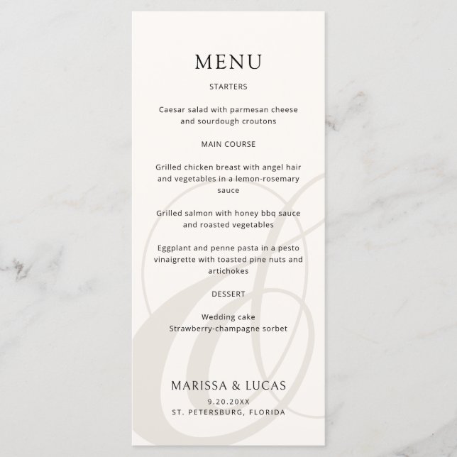 Menu Mariage Champagne Ampersand Script Moderne (Devant)
