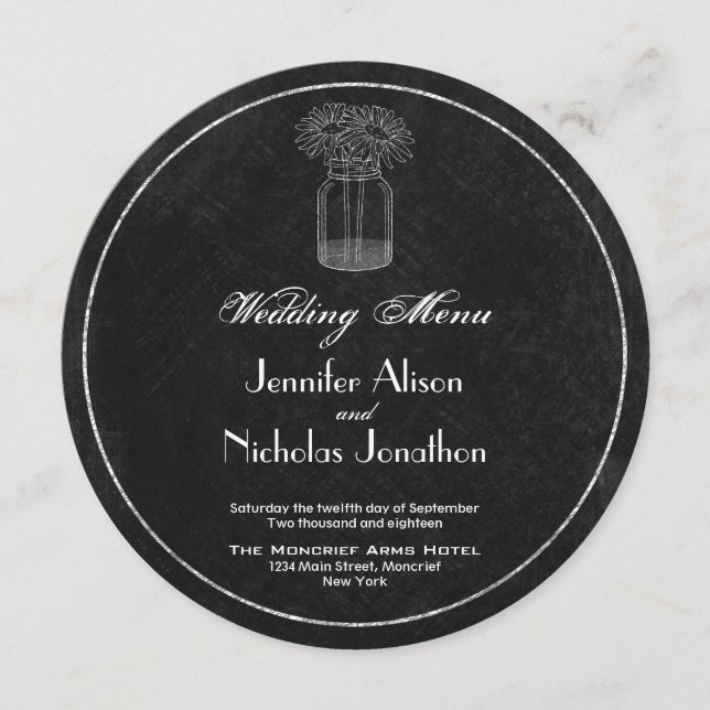 Menu Mariage Chargeur Chalkboard, Mason Jar & Dais (Devant)