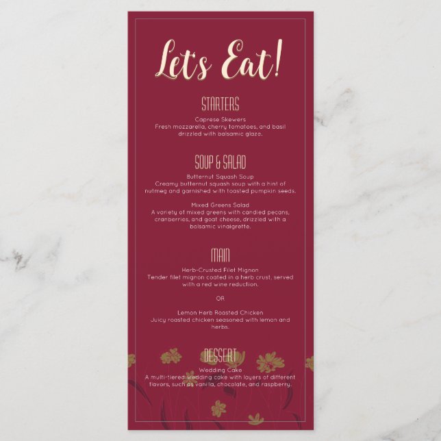 Menu Mariage Chic Moderne Élégant Simple Vin Rouge (Devant)
