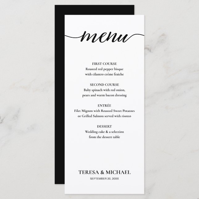 Menu Mariage chic noir et blanc simple modifiable (Devant / Derrière)