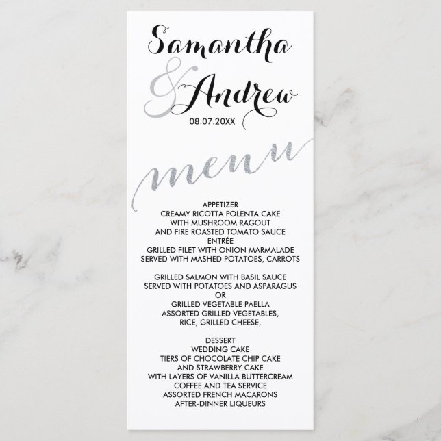 Menu mariage chic simple fausse feuille argent (Devant)