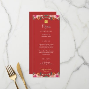 Menu Mariage chinois à fleurs de pivoine rouge double b