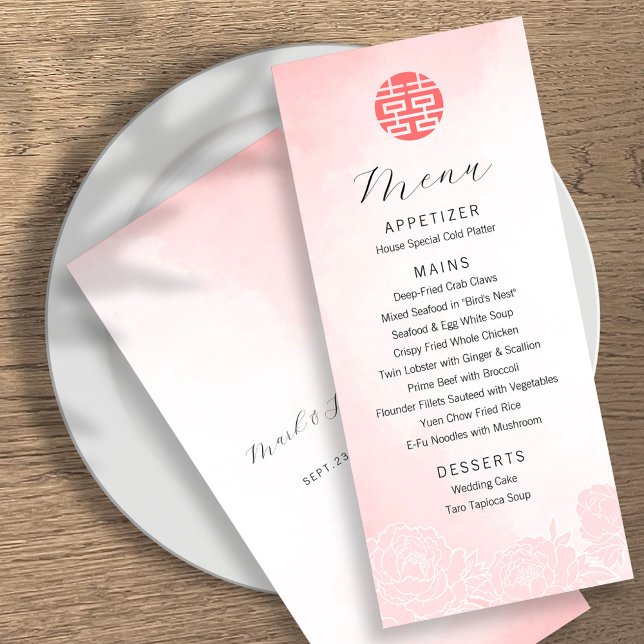 Menu Mariage chinois Aquarelle double bonheur (Créateur téléchargé)