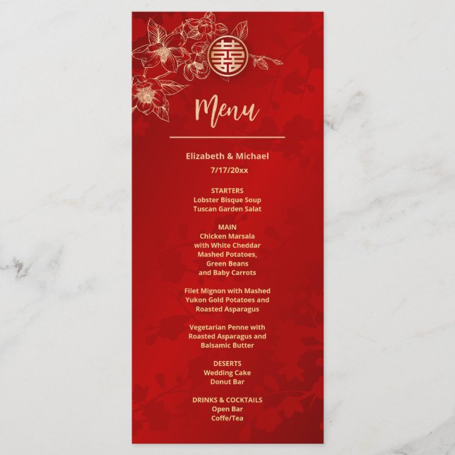 Menu MARIAGE chinois BILINGUAL Red Gold Magnolia (Devant)