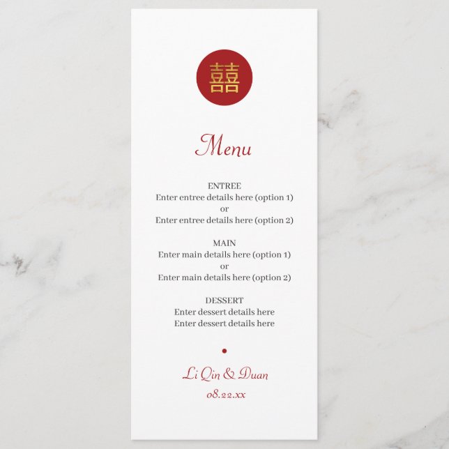 Menu Mariage chinois Double Bonheur Rouge Or (Devant)