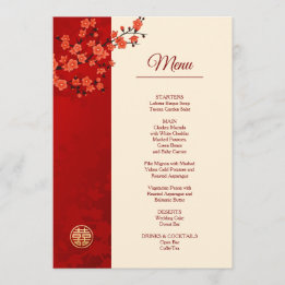 Menu Mariage chinois en fleurs de cerisiers rouges