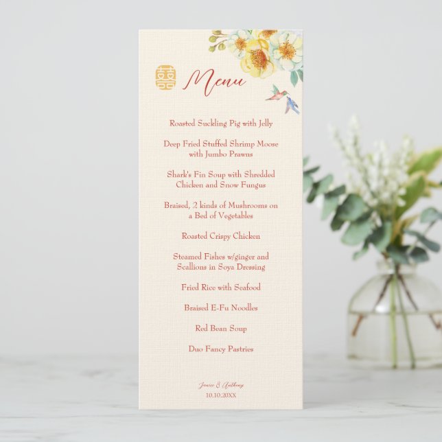 Menu Mariage chinois jaune ornithologique élégant (Debout devant)