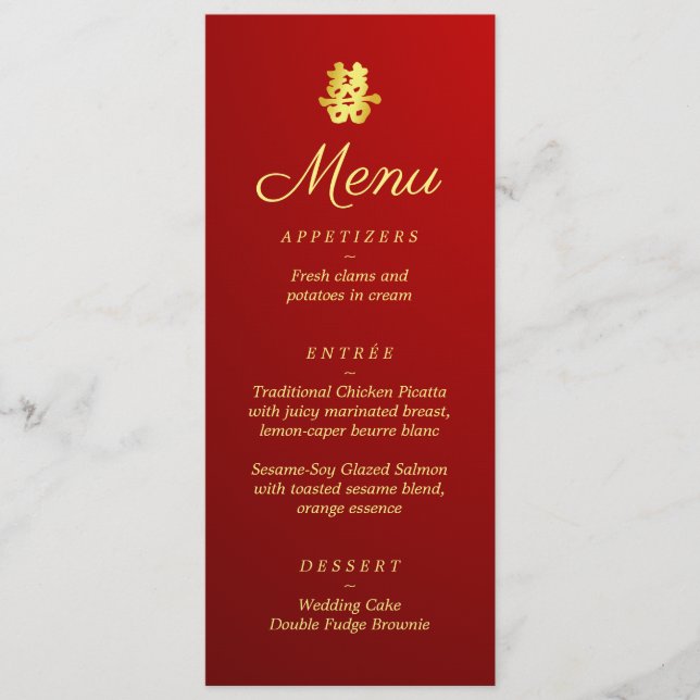 Menu Mariage chinois rouge dégradant double bonheur (Devant)