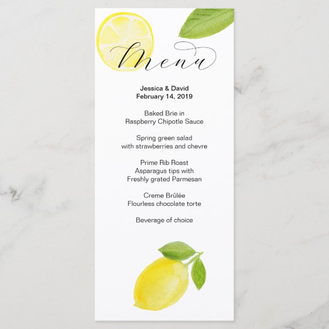 Menu Mariage citron aquarelle (Devant)