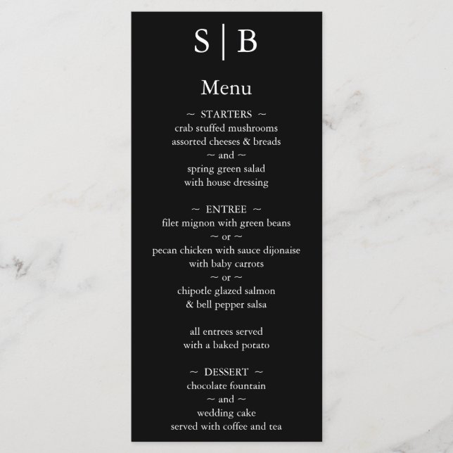 Menu Mariage Classique Monogramme Noir et Blanc (Devant)