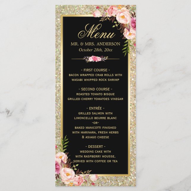 Menu mariage Classy Floral Gold Parties scintillan (Devant)