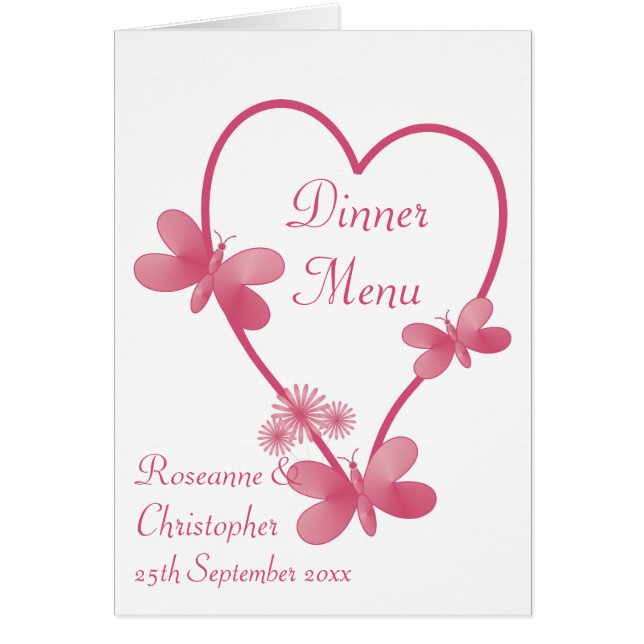 Menu mariage Coeur Rose Et Papillons (Devant)