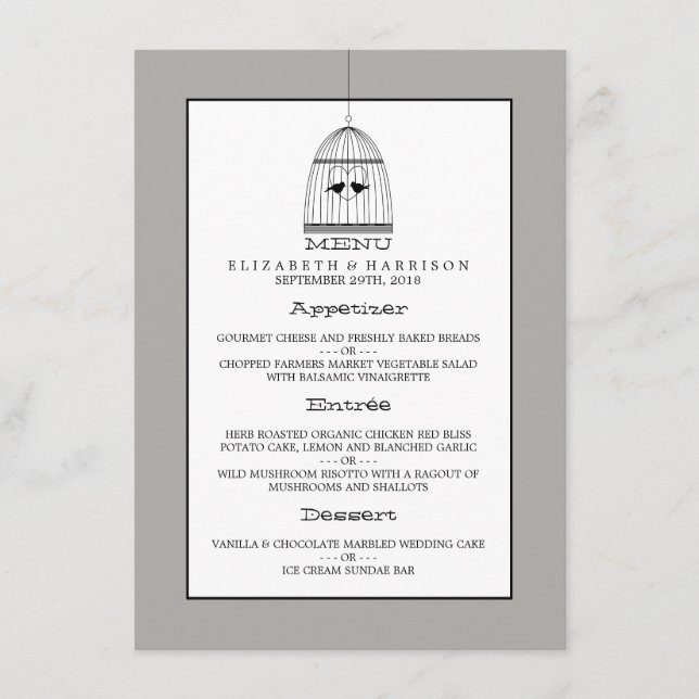 Menu Mariage Coeur vintage Birdcage (Devant)