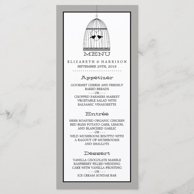Menu Mariage Coeur vintage Birdcage (Devant)