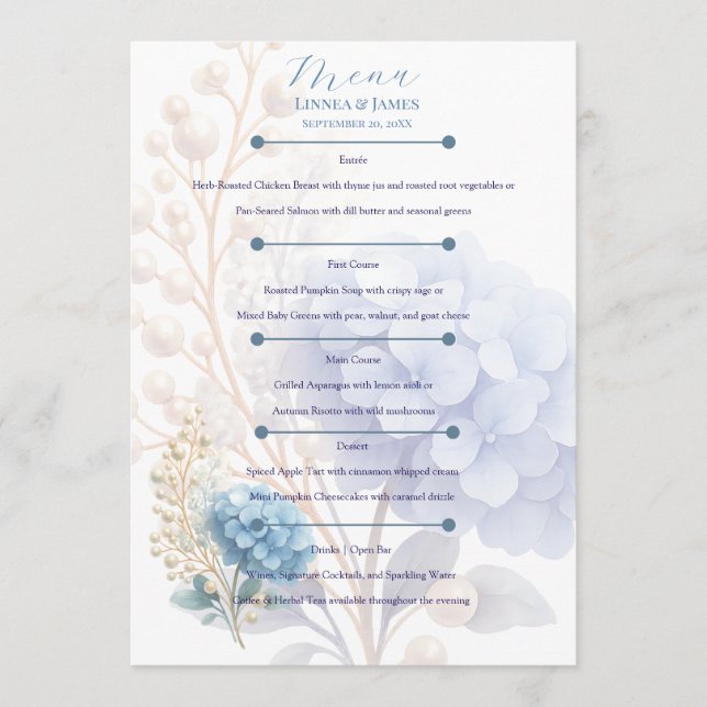 Menu Mariage couleur bleu d'aquarelle romantique Pearl  (Devant)