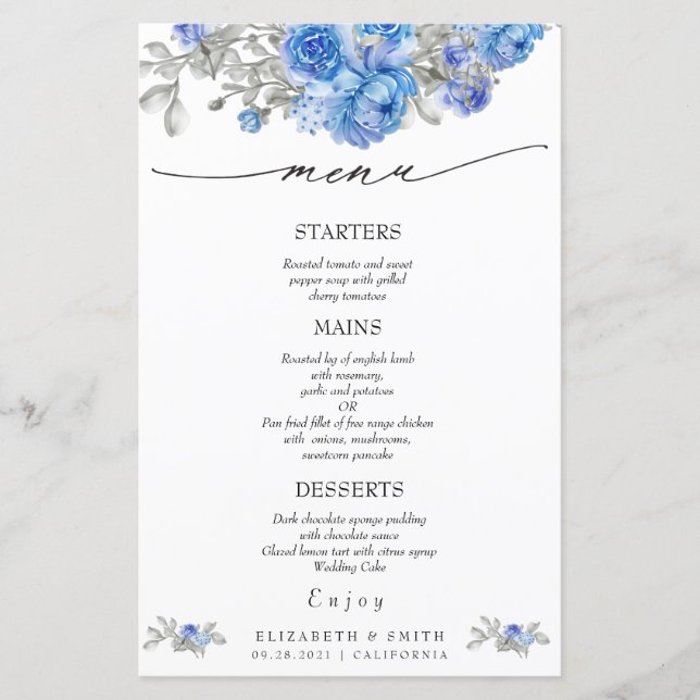 Menu Mariage couleur bleu marine Floral (Devant)