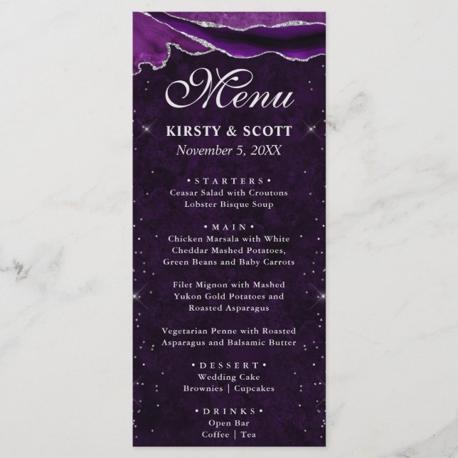 Menu Mariage d'agate de Parties scintillant violet et a (Devant)