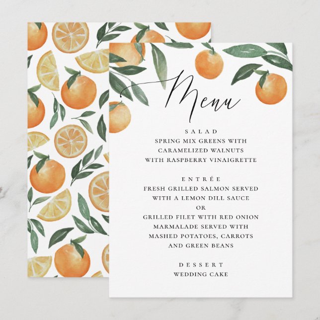 Menu Mariage d'agrumes aquarelle. Le jardin fleuri d'ét (Devant / Derrière)