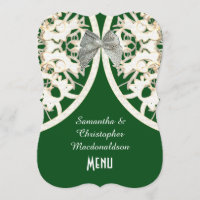 Menu mariage damassé en dentelle verte et blanche