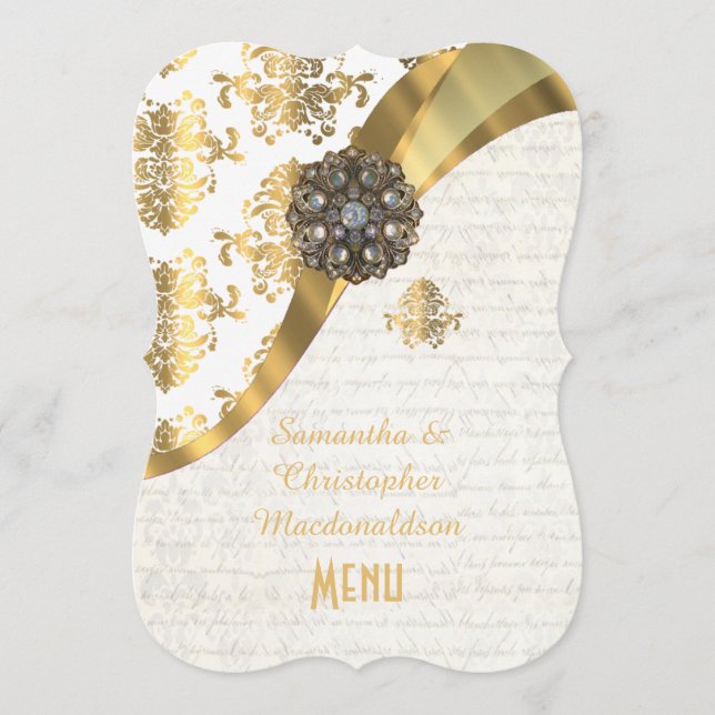 Menu mariage damassé parchemin or et blanc (Devant)