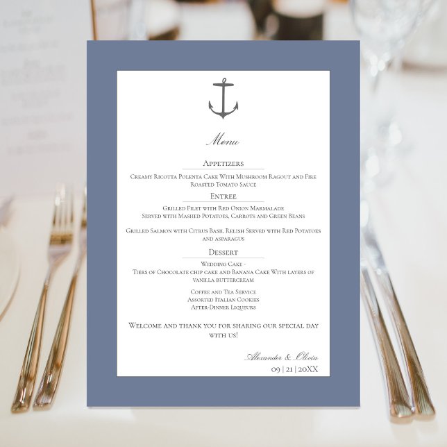Menu Mariage d'Ancres nautiques simple | Dusty Blue (Dusty Blue Simple Nautical Anchor Wedding Menu)