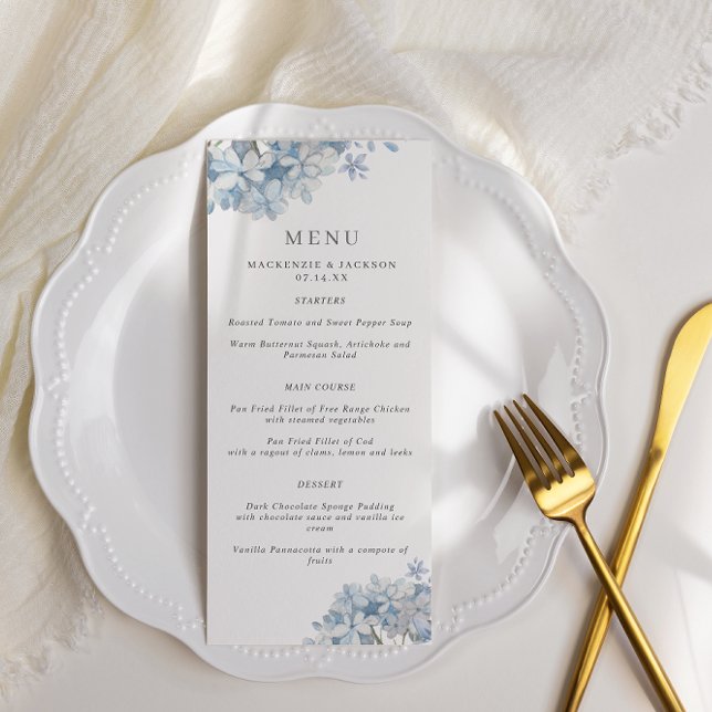 Menu Mariage d'aquarelle Blue Hydrangeas (Créateur téléchargé)