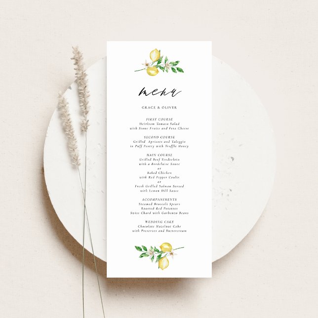 Menu Mariage d'aquarelle botanique de citron et verdure (Customizable Wedding Menu Card with Watercolor Lemons, Blossoms & Greenery Wreath)