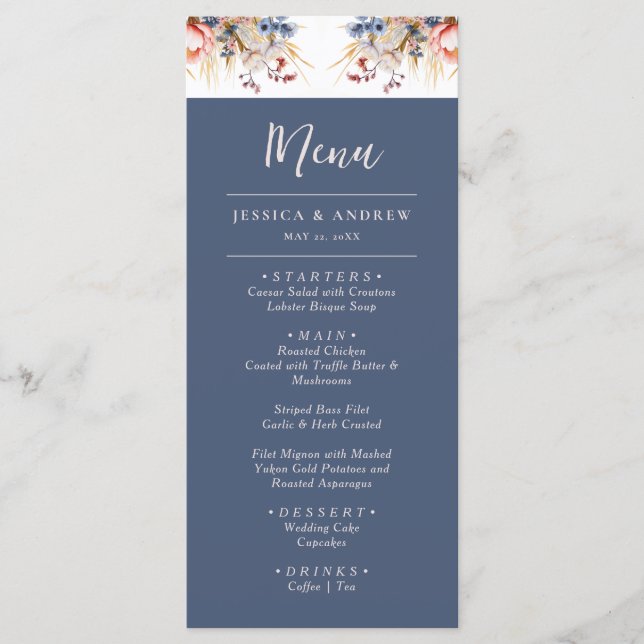 Menu Mariage d'aquarelle couleur bleu et rose pâle (Devant)