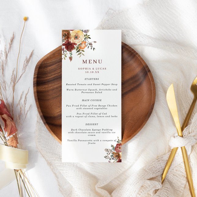 Menu Mariage d'aquarelle d'automne Bourgogne et orange (Créateur téléchargé)