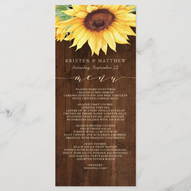 Menu Mariage d'aquarelle de tournesol en bois rustique (Devant)