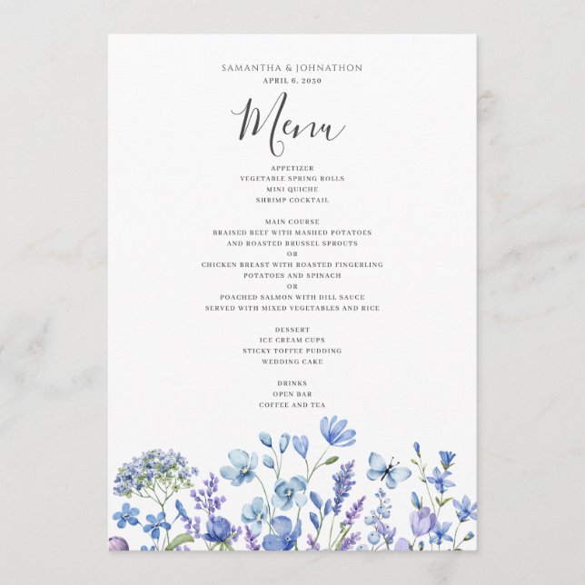 Menu Mariage d'aquarelle Fleur sauvage bleu (Devant)
