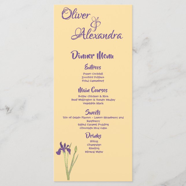Menu Mariage d'aquarelle jaune violet Iris & Beurre (Devant)