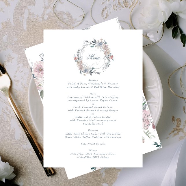Menu Mariage d'aquarelle romantique à couronne florale (Créateur téléchargé)