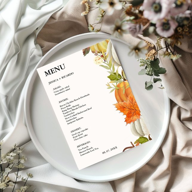 Menu Mariage d'automne Citrouille Élégante Feuilles (Créateur téléchargé)