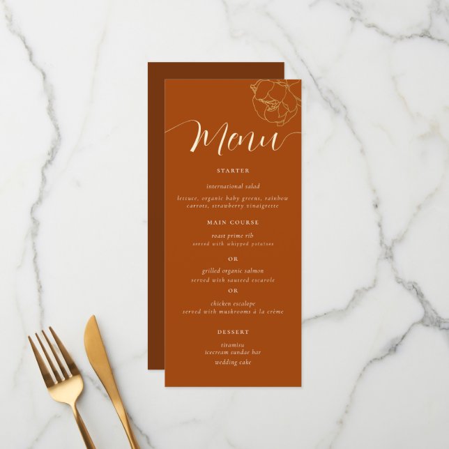 Menu Mariage de automne Brown de rouille de pivoine d'o (Devant/Arrière en situation)