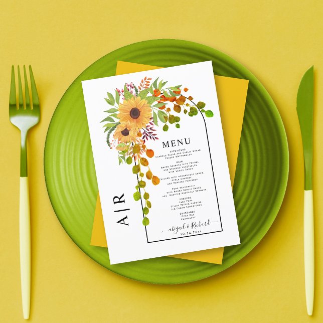 Menu Mariage de automne de tournesol, arc et monogramme (Créateur téléchargé)