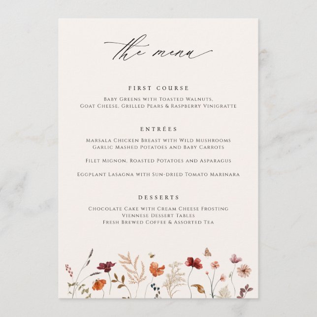 Menu Mariage de automne Fleur sauvage Boho (Devant)