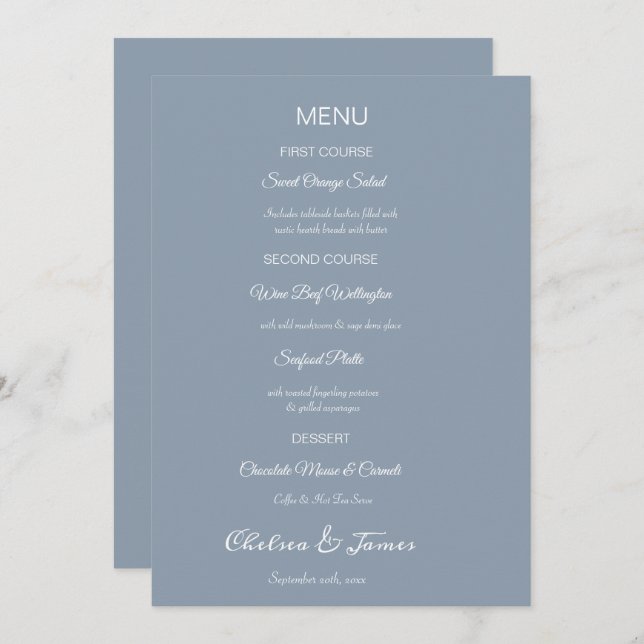 Menu Mariage de calligraphie bleu Dusty personnalisé (Devant / Derrière)