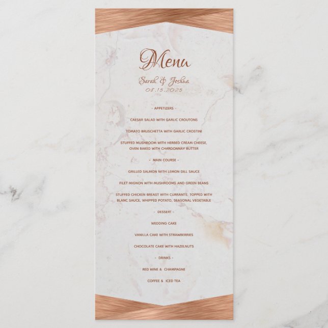 Menu Mariage de calligraphie en cuivre de marbre géomét (Devant)