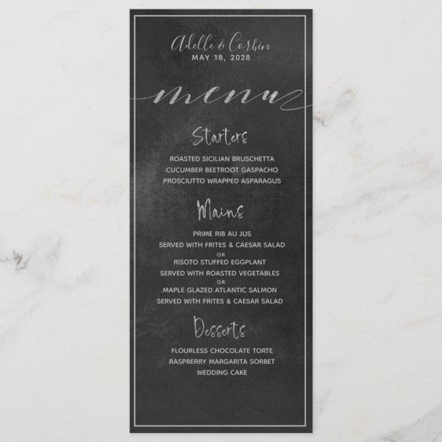 Menu Mariage de calligraphie noir en carton noir (Devant)