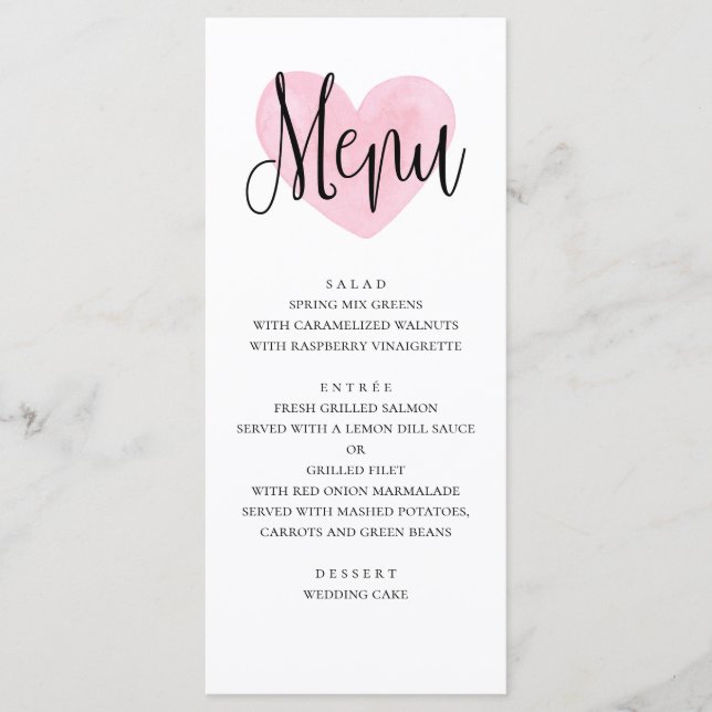 Menu mariage de coeur rose. Dîner romantique et mo (Devant)