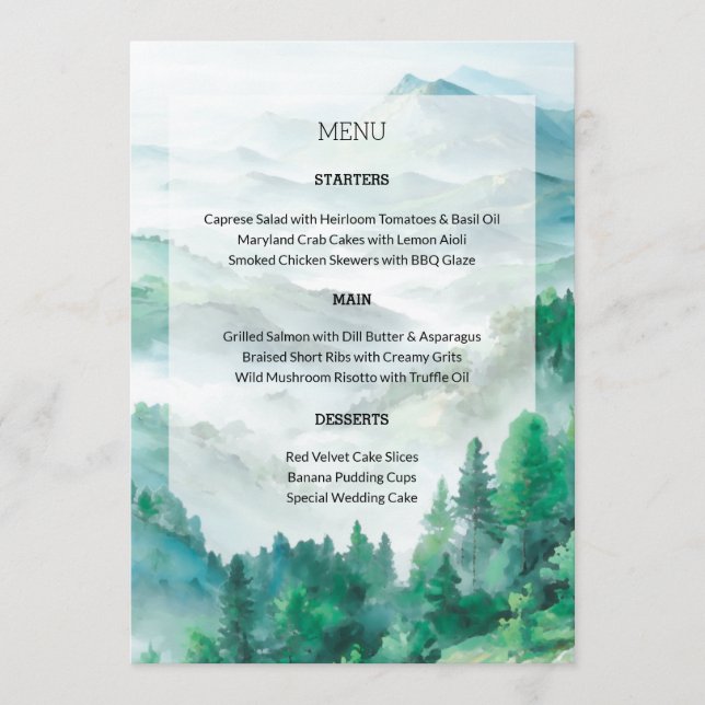 Menu Mariage de collines vertes et blanches (Devant)