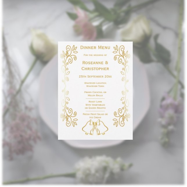 Menu Mariage de conception Gold Bells (Gold wedding menu bells and scrollwork design)