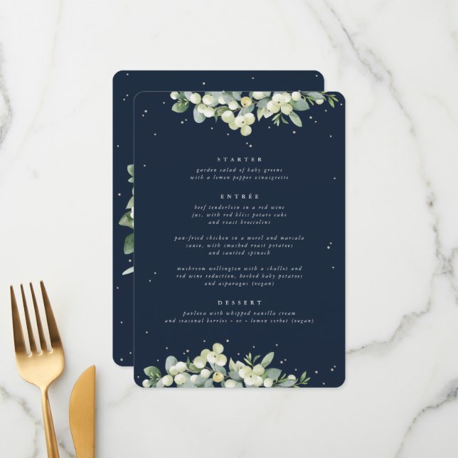 Menu Mariage de cours Dark Navy Snowberry+Eucalyptus 3 (Devant/Arrière en situation)