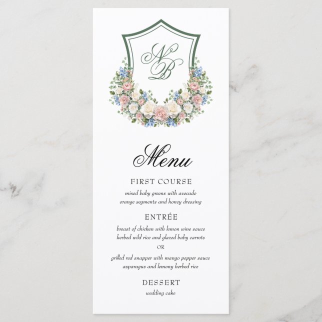 Menu Mariage de crête florale bleu poussiéreux (Devant)