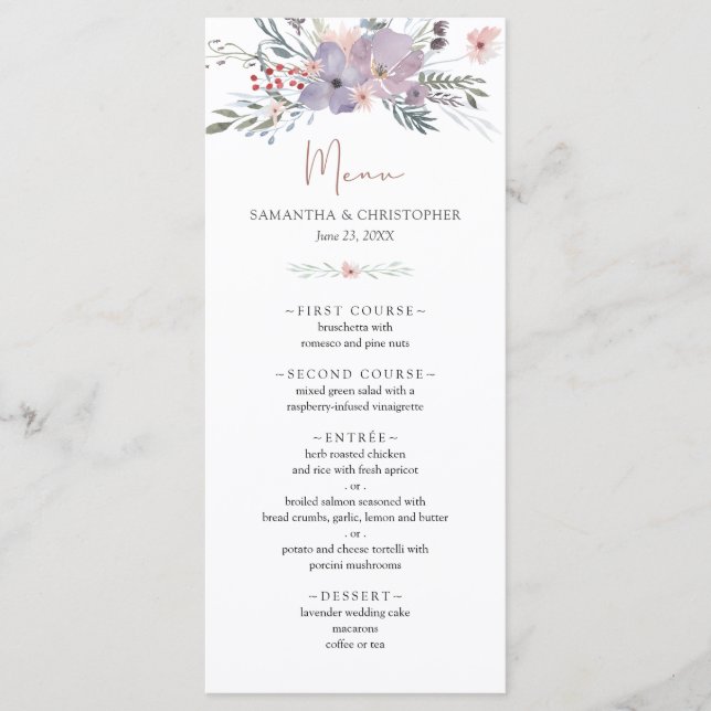 Menu Mariage de cuivre violet Fleur sauvage d'aquarelle (Devant)