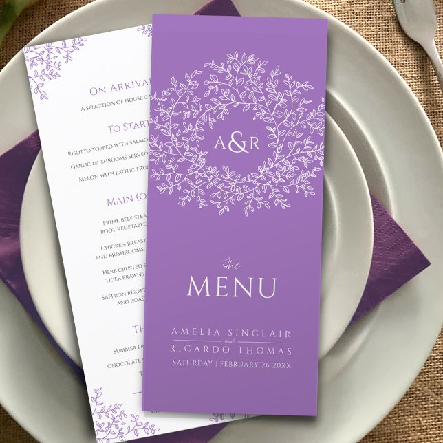Menu mariage de dessin de feuille blanche violet (Créateur téléchargé)