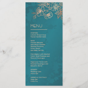 Menu Mariage de dessin de ligne florale sarcelle or ros